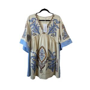 Joiemont Clothing Embroidered V Neck Boho Kimono Sleeve Mini Dress Tan Blue Sz S